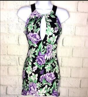 Maurie & Eve Floral Sheath Dress Purple Black Keyhole High Hi Low Bodycon S